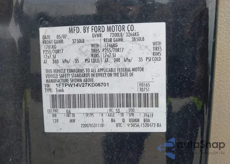 2007 Ford F-150 Fx4/Lariat/Xlt from USA, damaged, VIN 1FTPW14V27KD08701